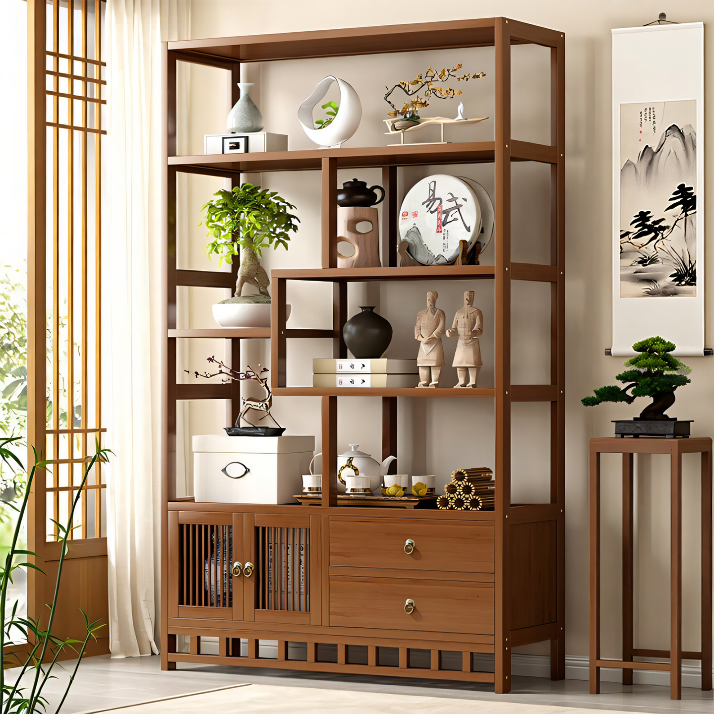竹制博古架多宝阁茶具收纳展示