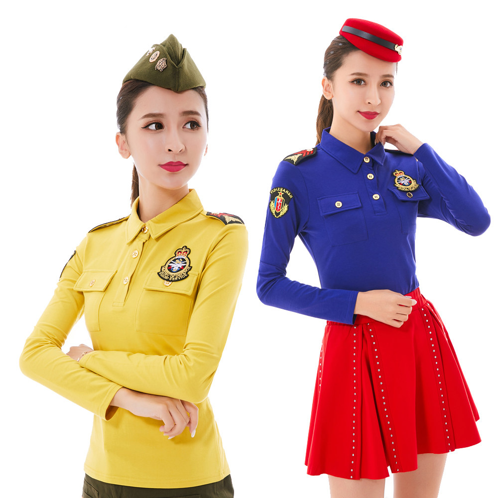 贝舞2023新款水兵舞服装女套装翻领长袖女t恤广场舞演出服女装