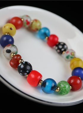 包老到代精品多宝手串清代古法点彩 合模 糖心 雪巴 套料搅胎琉璃