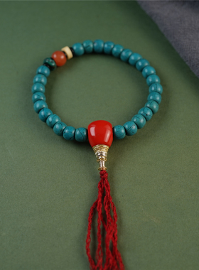 包老原生态西藏蓝色老曲扎手串仿松石料器珠子原创设计单圈手链