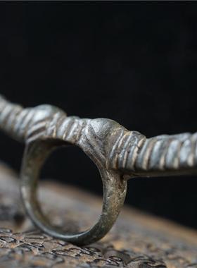 包老少见精品西藏传天铁托甲牛角形杵戒指藏式牛货多吉戒环戒圈