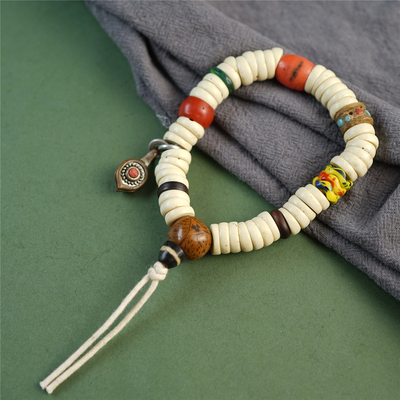 包老西藏传纯手盘大磨损老白料器斜切手串原创搭配单圈手持文玩串