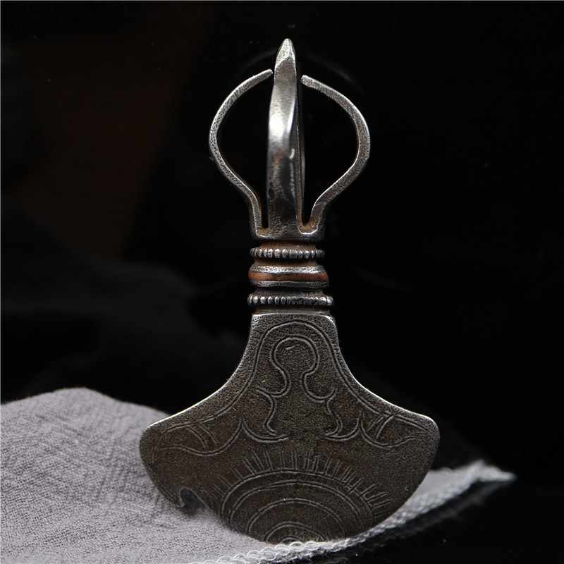 藏民精工铁雕五股金刚杵藏式钺刀挂件吊坠满雕工阴刻纹样实修杵越