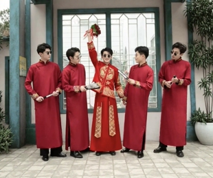 【出租】伴郎服中式兄弟装大码接亲搞笑订婚结婚大马褂长袍男四季