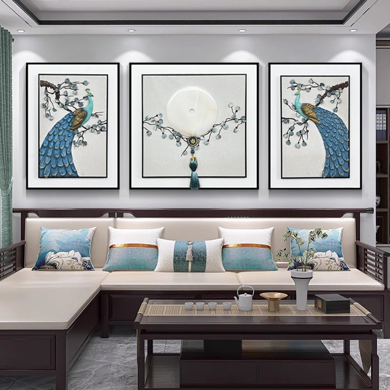新中式客厅孔雀装饰画3D立体砂岩实物画现代轻奢沙发背景壁画挂画图片