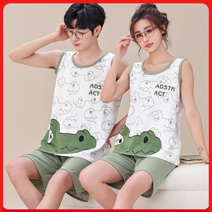 纯棉女无袖 短裤 睡裤 睡衣情侣装 男士 短款 套装 家居服夏 一男一女夏季