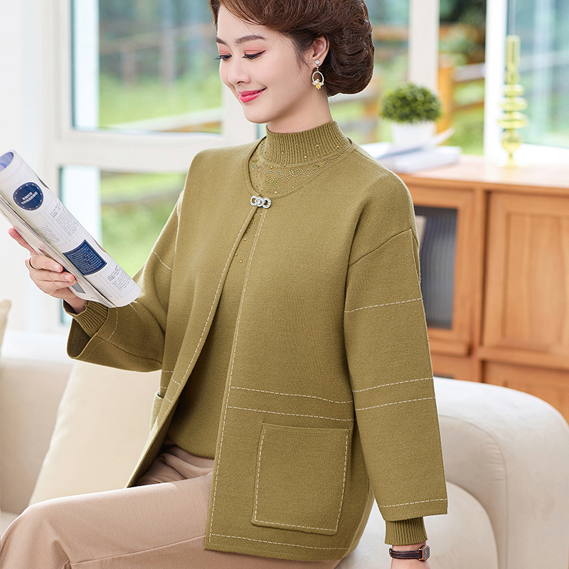 妈妈秋装新款针织短外套40岁50中老年女装春秋洋气上衣开衫两件套