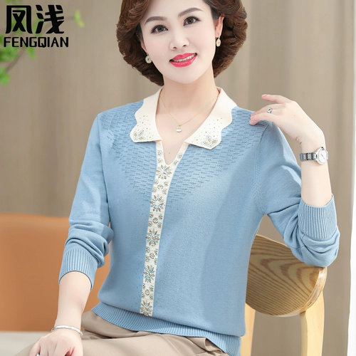 Осенний приятный телу весенний свитер для матери, трикотажная футболка, в западном стиле, для среднего возраста