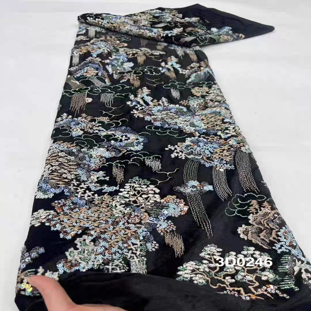 秋冬款复古绒布亮片绣花婚纱伴娘裙面料新娘礼服旗袍时装绣花料la