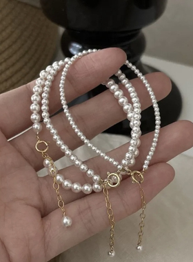 kiki.正圆强光进口施家人造珍珠小米手链14K包金法式复古简约轻奢