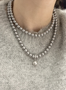 Kiki.人造真多麻双层项链长款珍珠项链多种戴法法式轻奢小众