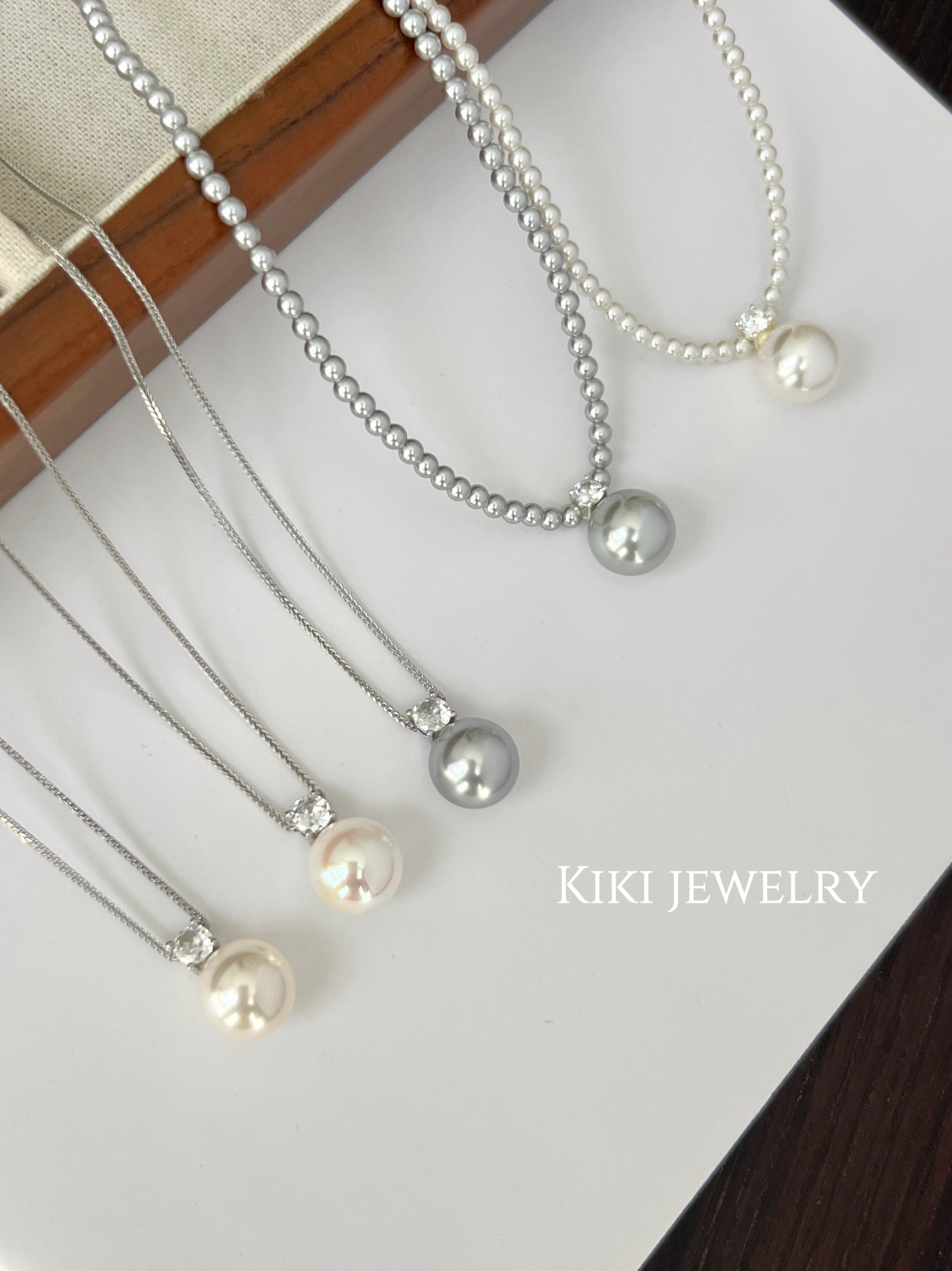 kiki·戴妃款珍珠吊坠项链耳钉套装小米珠锁骨链.S925银