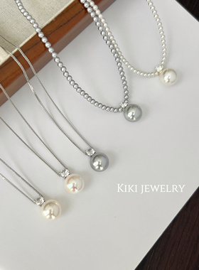 kiki·戴妃款珍珠吊坠项链耳钉套装小米珠锁骨链.S925银