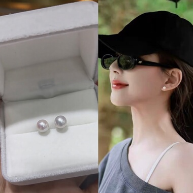 许我耀眼同款天然淡水akoya珍珠耳钉S925银针极光近圆耳钉(5-6mm)