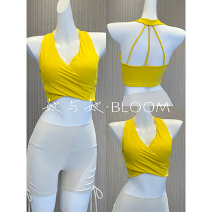 柠檬黄固定杯运动背心女V领交叉性感美背防震跑步健身文胸瑜伽服