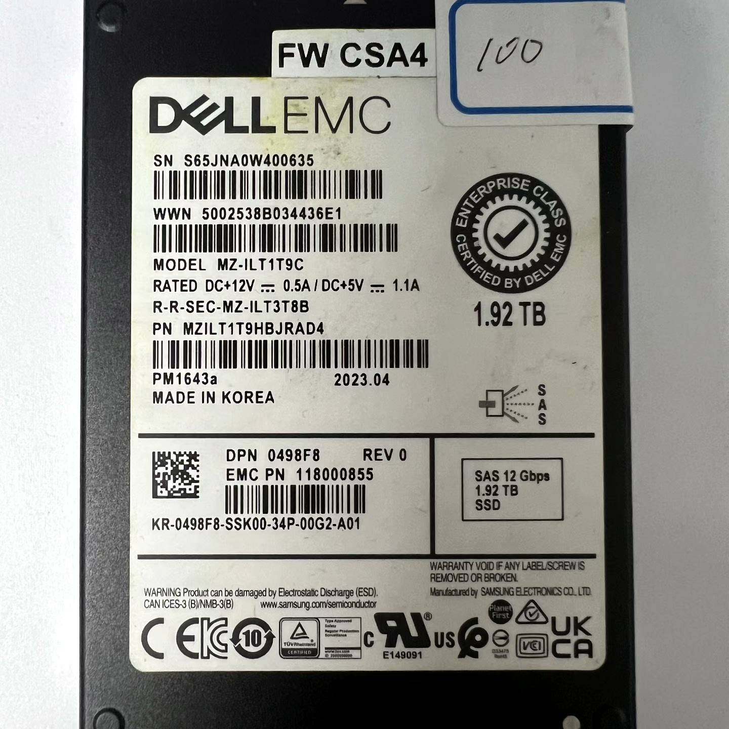 议价-三星原厂 戴尔DELL EMC PM1643a 1.92TB