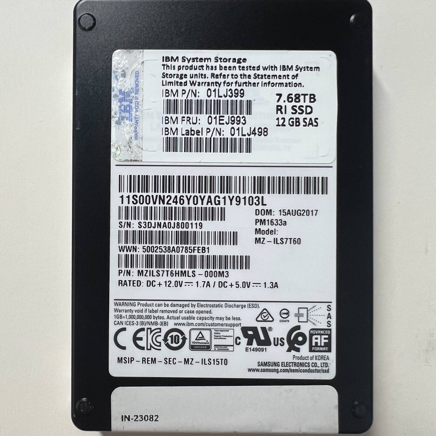 议价-三星原厂 IBM PM1633a 7.68TB ，型号MZ-ILS7T60