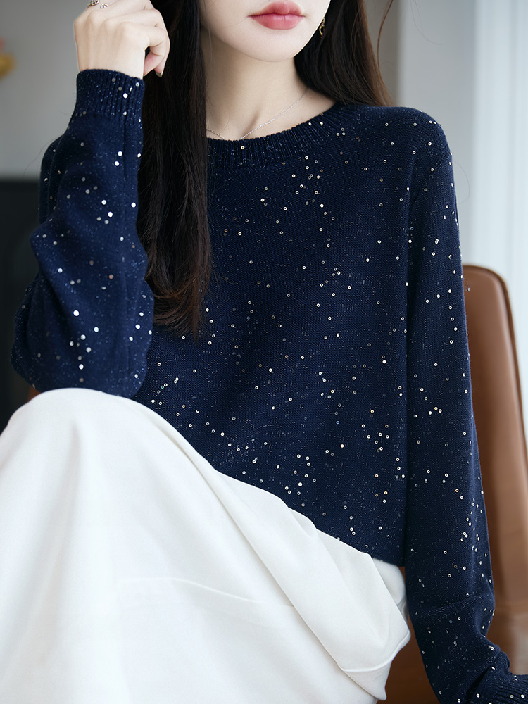 复古法式设计感重工亮片针织衫女圆领毛衣2025新款宽松显瘦打底衫