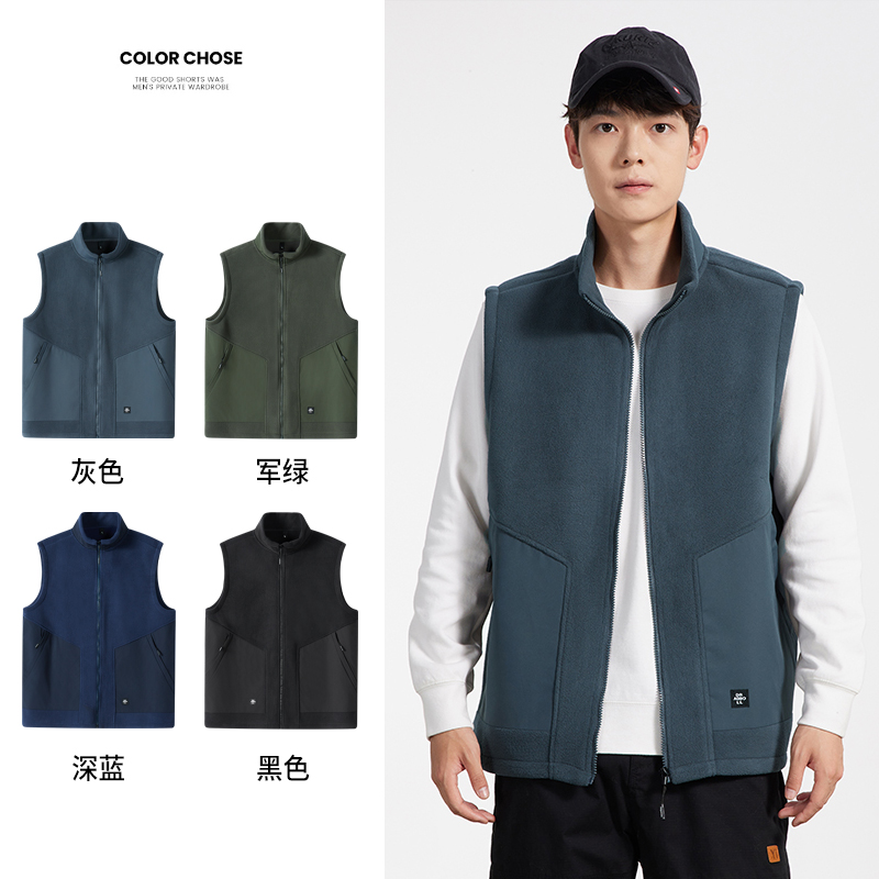 单面穿抓绒马甲男秋冬加绒保暖摇粒绒背心立领坎肩男士潮流上衣服