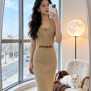 法式 显瘦小个子包臀长裙 拉链针织背心连衣裙女夏纯欲性感辣妹修身