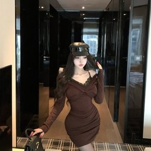 修身 实价 辣妹纯欲V领拼蕾丝长袖 新款 设计收腰气质连衣裙 春秋冬