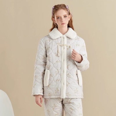 三层加厚加绒睡衣女冬季纯棉夹棉袄秋冬珊瑚绒冬款超厚家居服