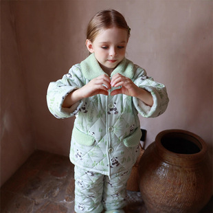 2025冬新品女童三层加厚夹棉睡衣童印花绗棉家居服可外穿套装