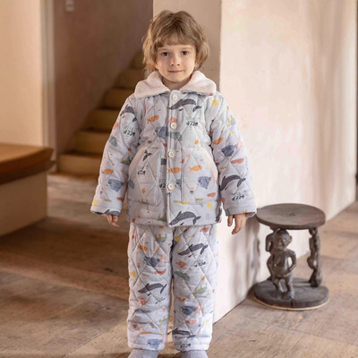 冬季男童新品三层加厚夹棉睡衣儿童绗棉家居服可外穿保暖一套