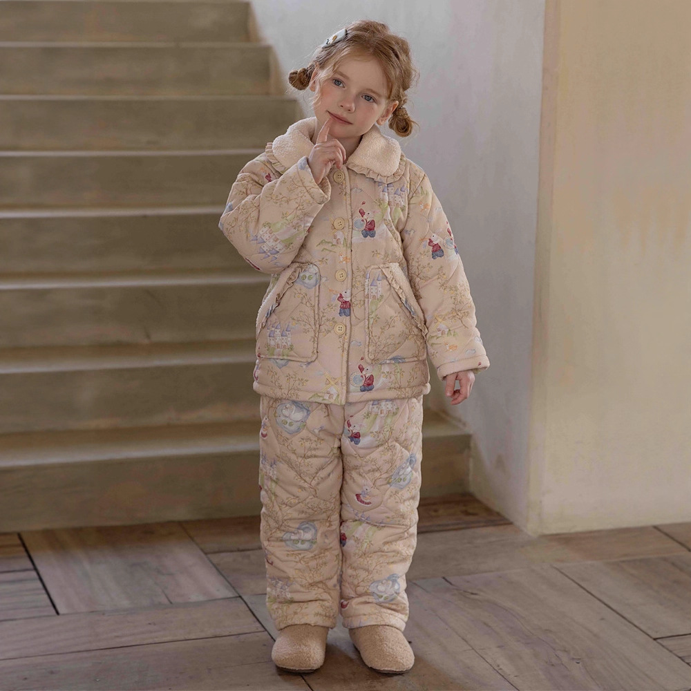 2025冬新品女童三层加厚夹棉睡衣童印花绗棉家居服可外穿套装