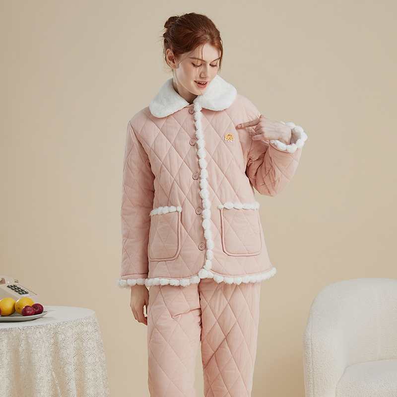 睡衣女款冬季可爱珊瑚绒三层夹棉加厚保暖粉色少女外穿家居服