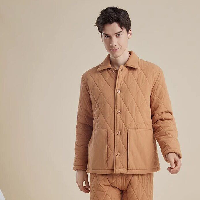 睡衣男士秋冬季三层加厚加绒珊瑚绒夹棉中青年保暖爸爸家居服