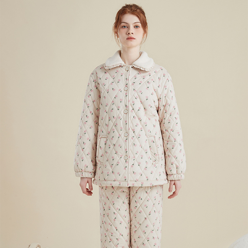 睡衣女士冬季三层加厚加绒夹棉女款可外穿冬款保暖棉袄家居服