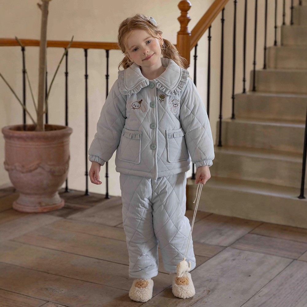 2025冬新品女童三层加厚夹棉睡衣童印花加绒家居服套装棉袄过冬