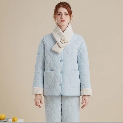 冬天三层夹棉睡衣女特厚保暖纯棉加绒加厚款可外穿御寒居家服