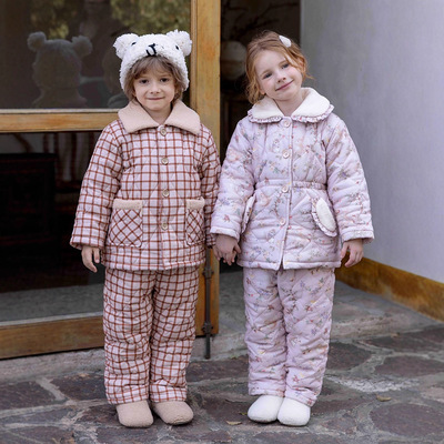 鱼飞云游男童新品三层加厚夹棉睡衣女童绗棉家居服加绒保暖可外穿