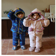 韩系粉色加绒女宝加厚双层家居服男宝连帽卡通恐龙保暖珊瑚绒睡衣