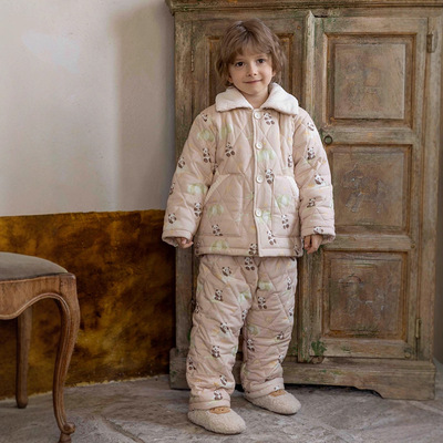 冬季男童新品三层加厚夹棉睡衣儿童御寒家居服可外穿保暖两件套