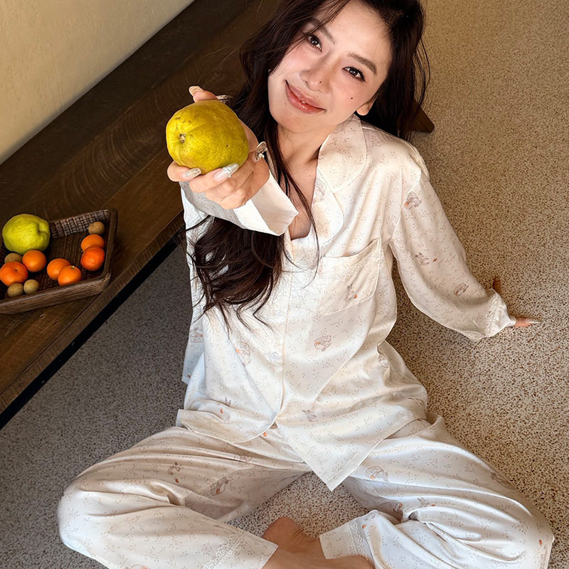 韩版可爱甜美蕾丝少女卡通长袖冰雪丝薄款家居服套装春秋新款睡衣