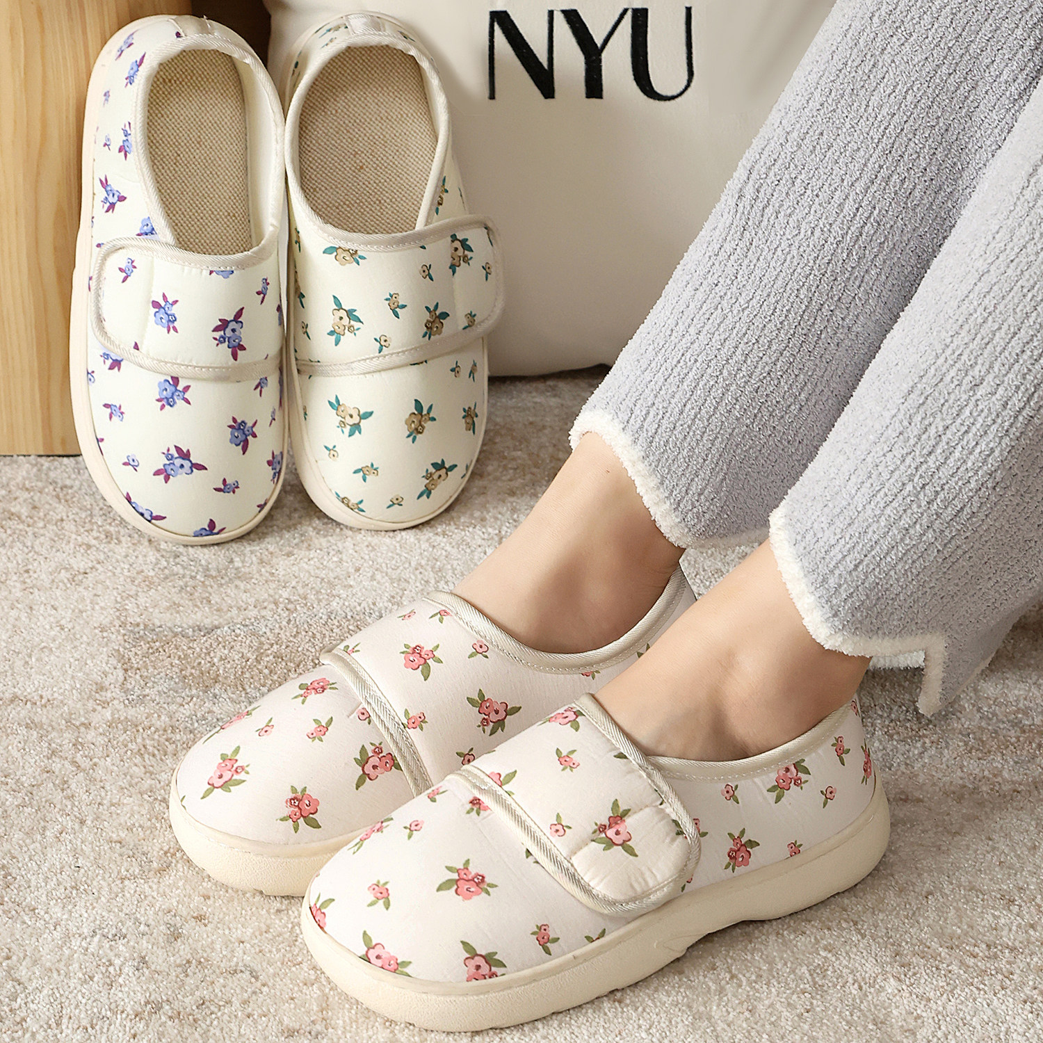 碎花包跟棉拖鞋女款软底防滑月子鞋孕妇鞋产妇舒适室内居家布拖鞋