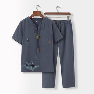 套装 夏季 亚麻短袖 中年男装 60岁中老年人爷爷休闲宽松衣服 爸爸夏装
