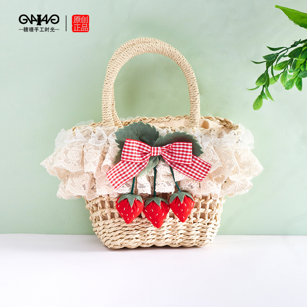 洛丽塔草莓包可爱田园风手作小物lolita春游草编包手提篮小包包