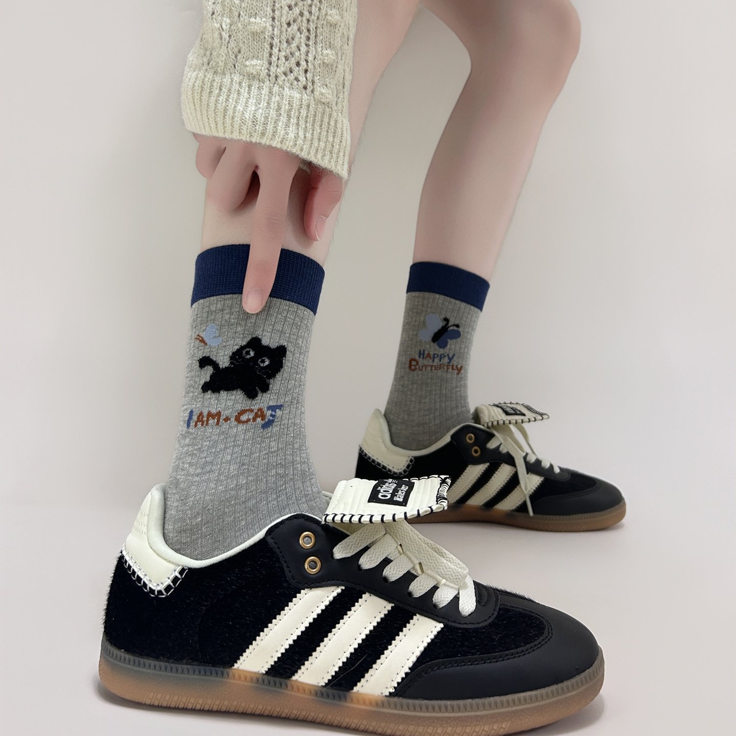 原创撞色动物袜子女韩系秋冬新品可爱卡通小猫中筒袜百搭无骨棉袜