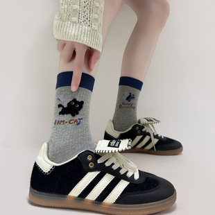 原创撞色动物袜子女韩系秋冬新品 可爱卡通小猫中筒袜百搭无骨棉袜