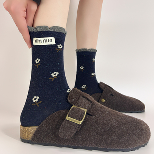 费尔岛风色系中筒袜棉袜百搭布标蝴蝶结花边秋冬提花无骨堆堆袜女