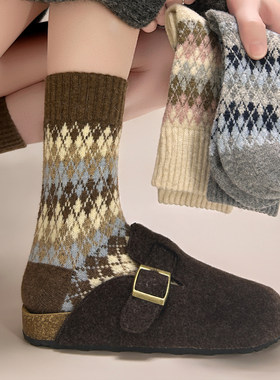 蓝灰格费尔岛菱形格加厚保暖堆堆袜韩女标配冬季复古羊毛厚袜子女