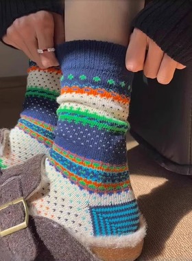 Like Sock 冬季袜子女中筒袜粗线撞色费尔岛风保暖加厚外穿堆堆袜