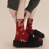 彩虹马本命年大红新年袜子女卡通马刺绣男女同款 中筒鸿运无骨袜子