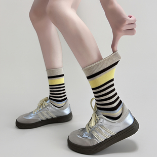 咖绿～好复古浓郁 袜子女中筒堆堆日系 这条纹配色太适合秋冬了