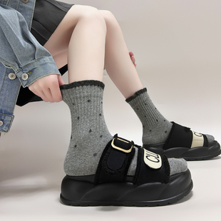 波点羊毛袜子女中筒袜秋冬季 冬天堆堆袜 纯棉保暖加厚长袜配勃肯鞋