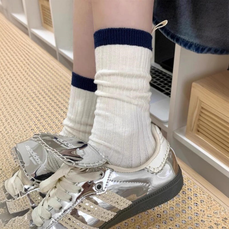 Like Sock 纯色字母布标中筒袜韩系棉质百搭日系竖条纹标签堆堆袜